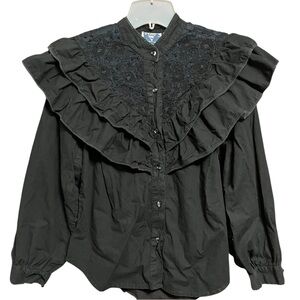 Black Ruffled Beaded Western Long Sleeve Bib Collar Blouse S